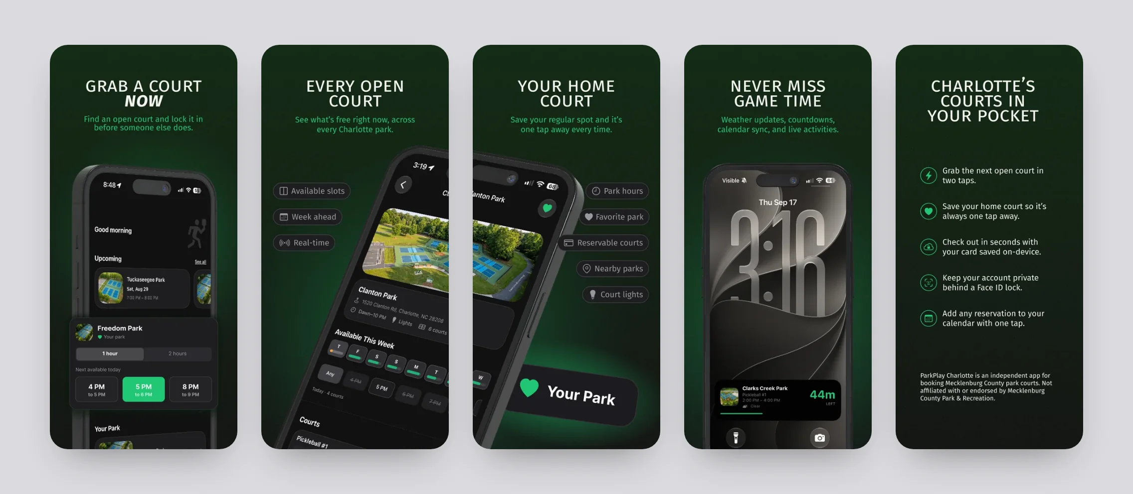 The five App Store screenshots for ParkPlay Charlotte: Grab a court now, Every open court, Your home court, Never miss game time, and Charlotte’s courts in your pocket