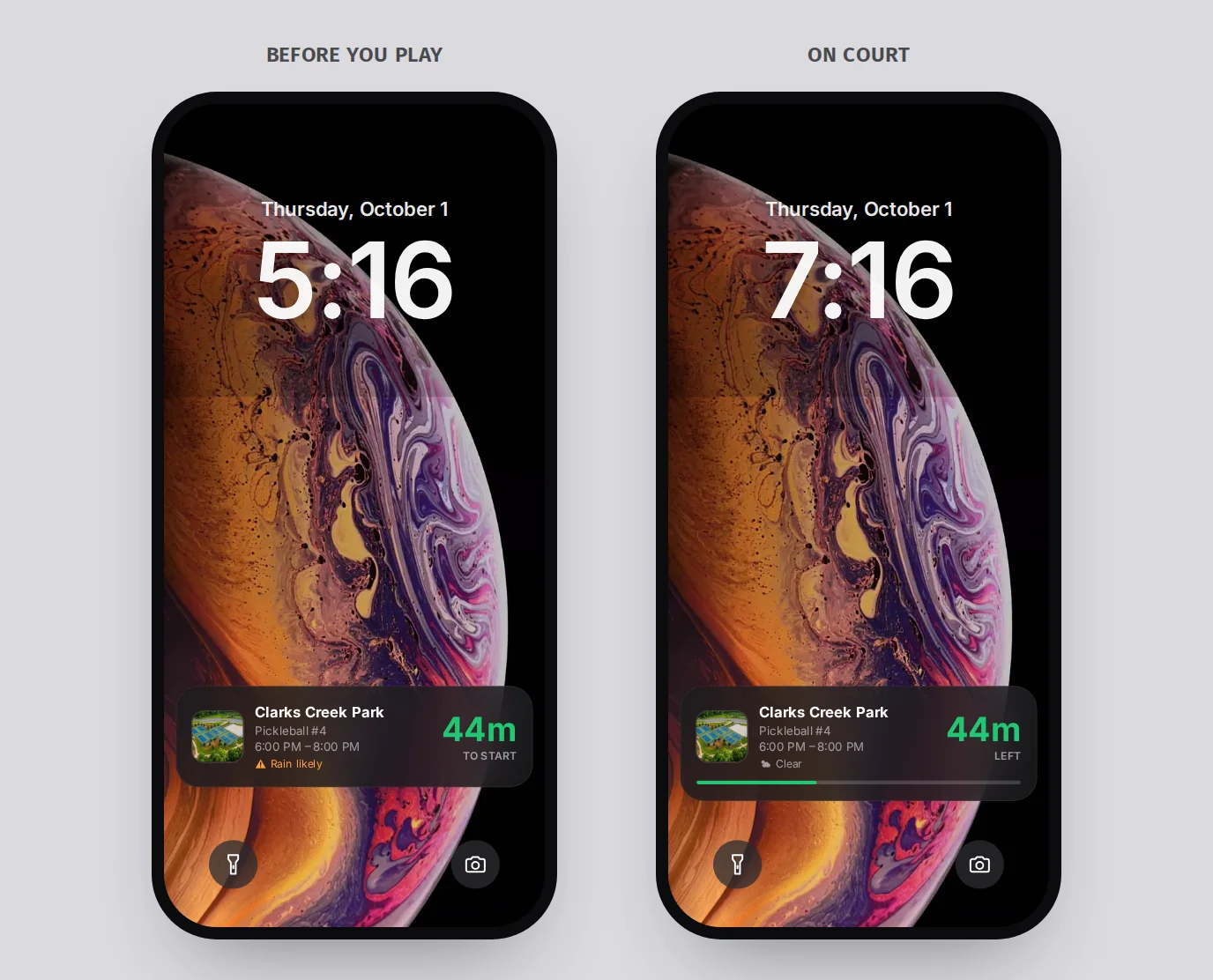 The booking as a Live Activity on the Lock Screen, counting down to start with a rain warning, then showing time left on court