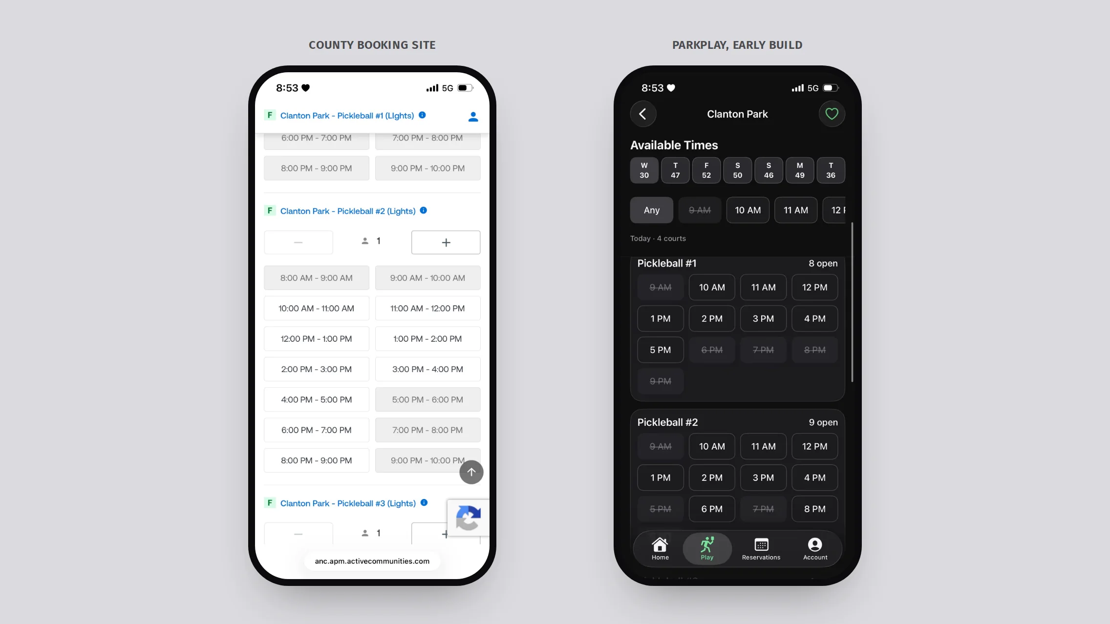 The county’s booking page next to an early ParkPlay build, showing the same park on the same morning