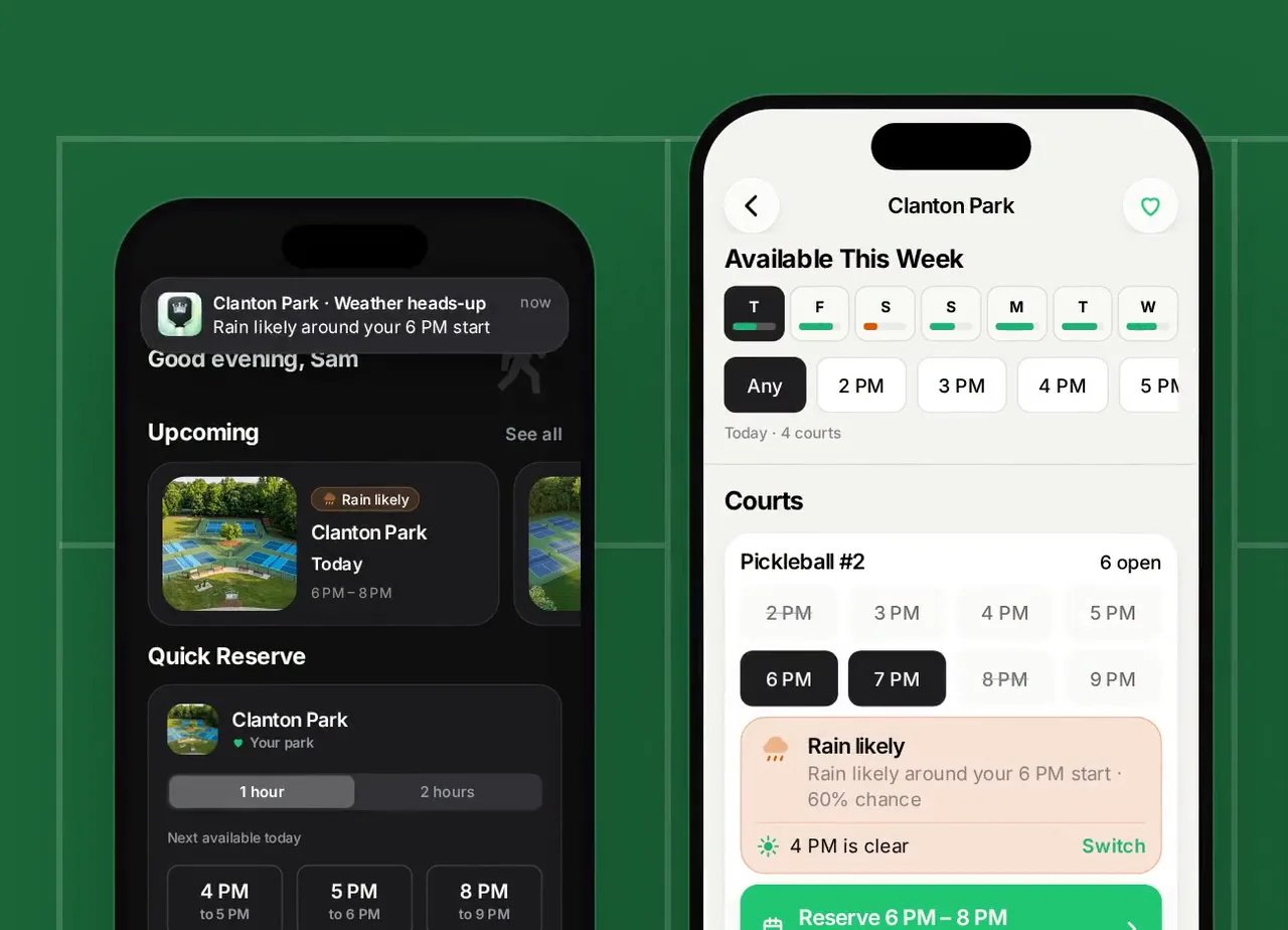 ParkPlay’s Home screen and a Clanton Park court with a reservation in progress